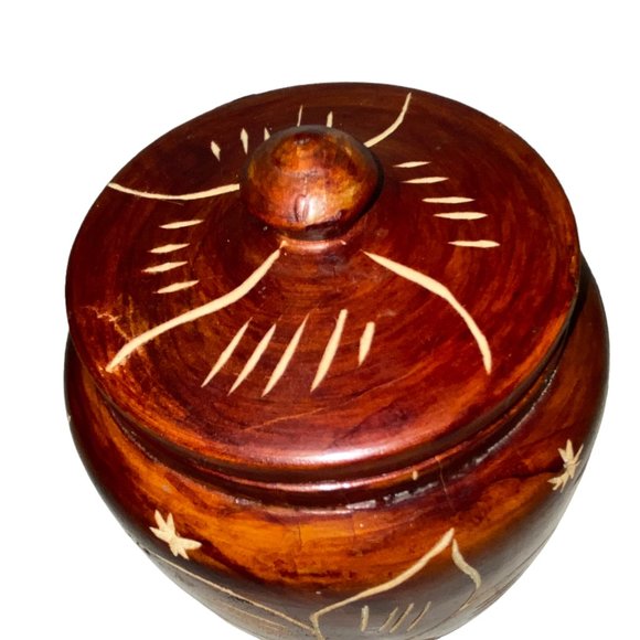 Handcarved Wood Jar Canister Vintage Floral Lid Eclectic Rustic Decor Brown - Picture 3 of 5